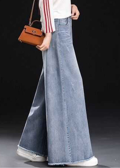 Blue Summer Light Tasseled Women Straight Pants Denim