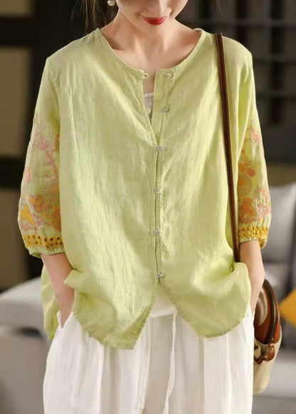 Linen Bracelet Sleeve Women Green Embroidered Light Shirts