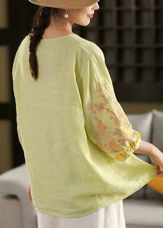 Linen Bracelet Sleeve Women Green Embroidered Light Shirts