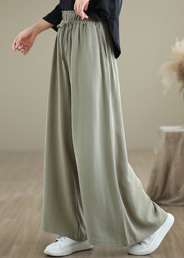 Women Light Green Pockets Elastic Waist Cotton Pants Fall QO046