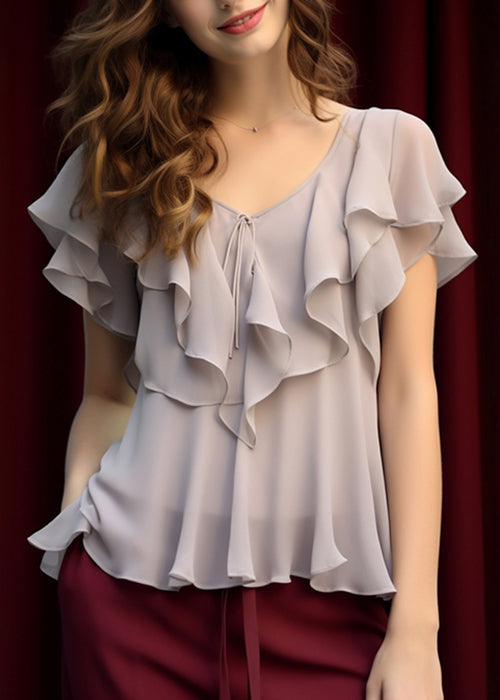 Summer Women Chiffon Top Grey Light Ruffled Up Lace