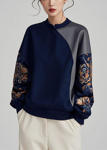 Women Navy Asymmetrical Patchwork Cotton Pullover Sweatshirt Spring YJ042