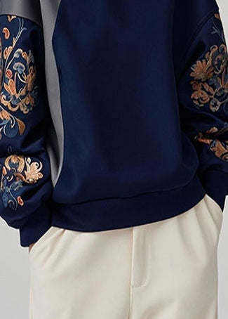 Women Navy Asymmetrical Patchwork Cotton Pullover Sweatshirt Spring YJ042