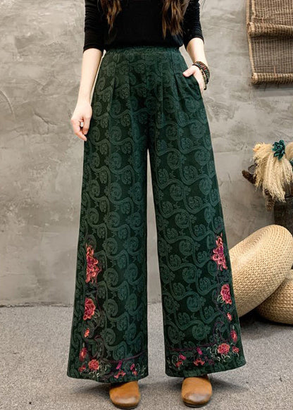 Women Navy Embroidered Pockets Cotton Wide Leg Trousers Spring BV069