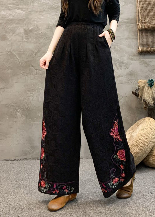 Women Navy Embroidered Pockets Cotton Wide Leg Trousers Spring BV069