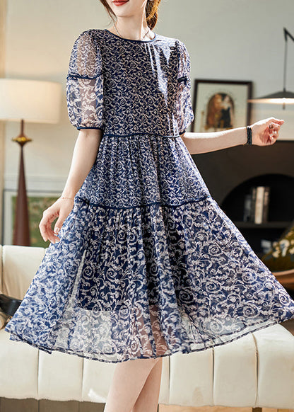 Chiffon Patchwork Women Print Neck Summer O Dresses Navy