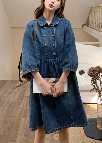 Women Navy Peter Pan Collar Wrinkled Patchwork Denim Long A Line Dress Spring RP013