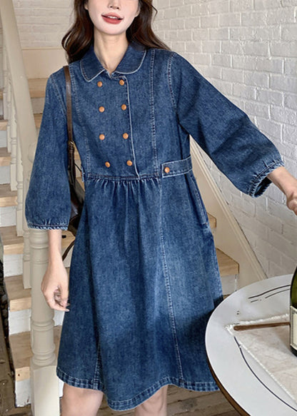 Women Navy Peter Pan Collar Wrinkled Patchwork Denim Long A Line Dress Spring RP013