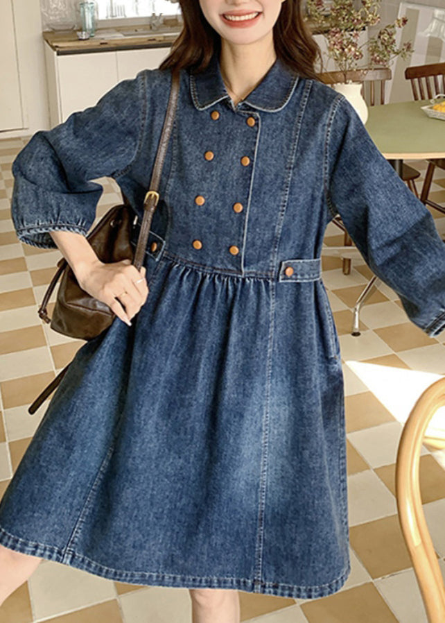 Women Navy Peter Pan Collar Wrinkled Patchwork Denim Long A Line Dress Spring RP013