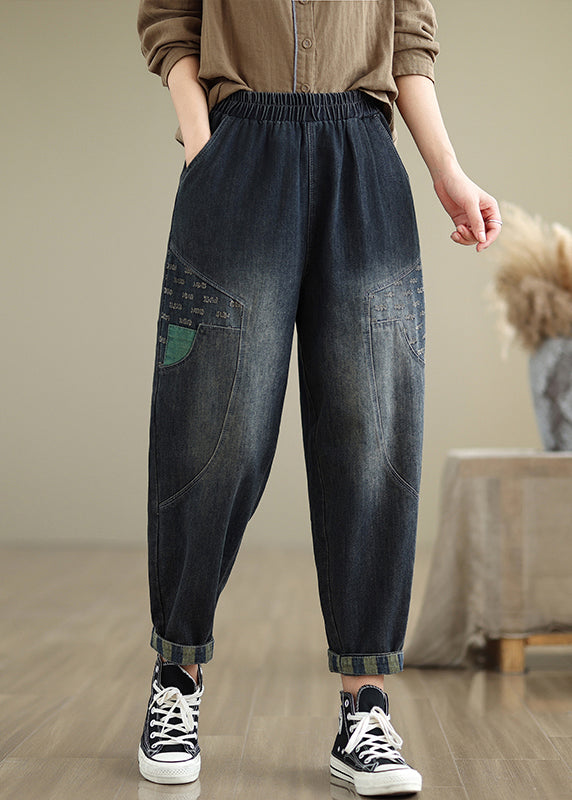 Women Navy Pockets Elastic Waist Denim Pants Fall QO053