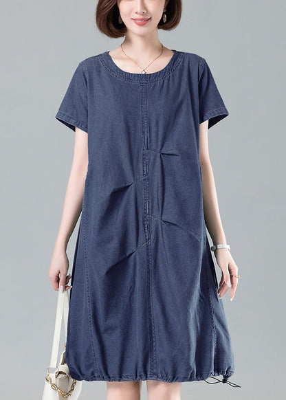 Women Navy Ruffled Drawstring Denim Dresses Summer MN065