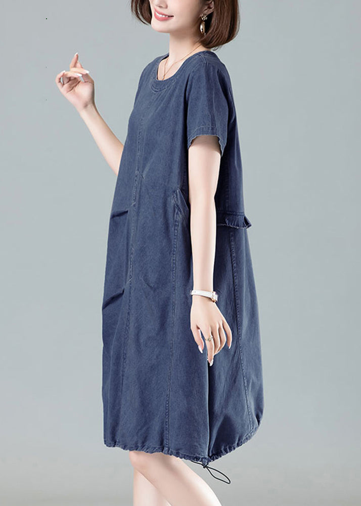 Women Navy Ruffled Drawstring Denim Dresses Summer MN065