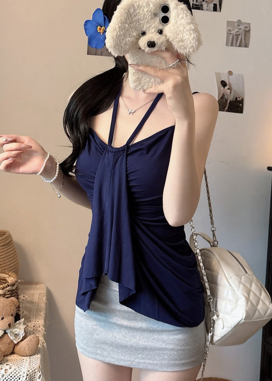 Women Summer Navy Cotton Beach Fit Vest Silm