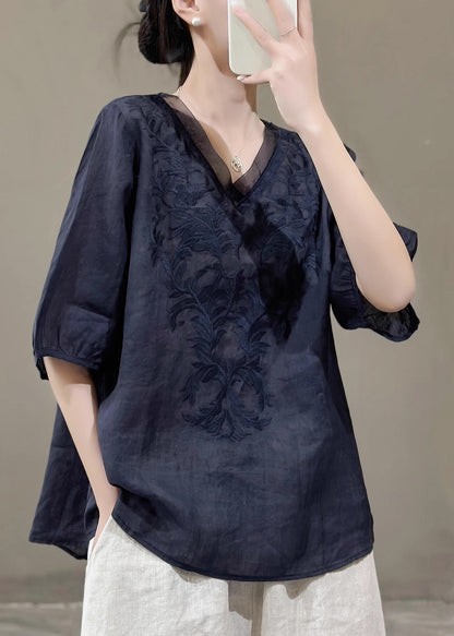 Women Nwe Purple V Neck Embroidered Linen Top Summer QK019