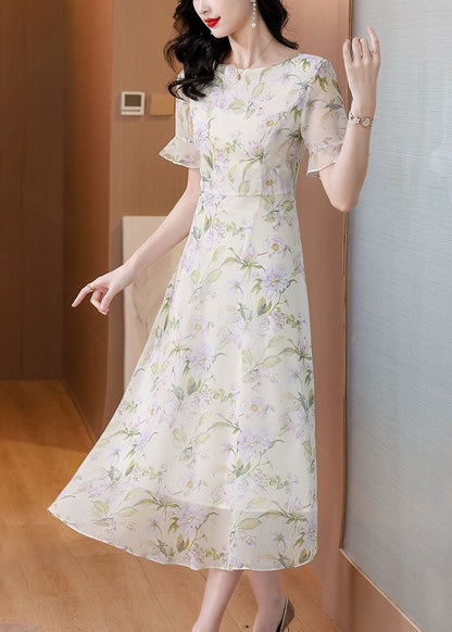 Women O Neck Print Chiffon Long Dress Summer BB015