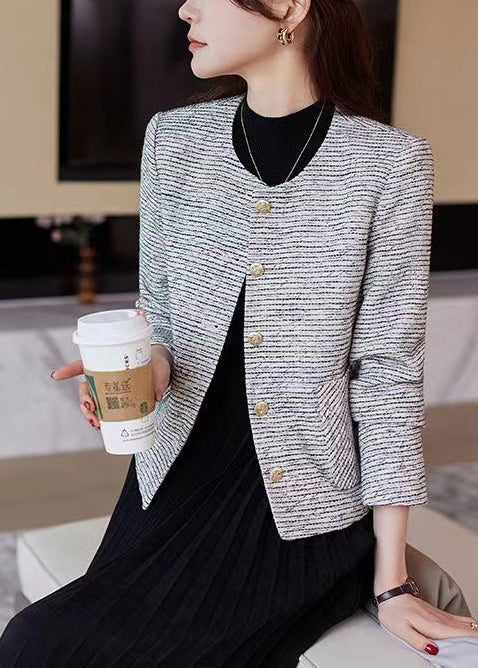 Women O-Neck Striped Cotton Short Coat Spring YJ047