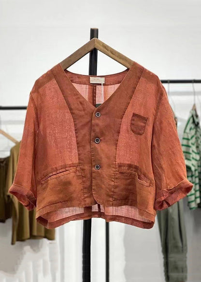 Women Orange Button Pockets Linen Cardigan Spring GG046