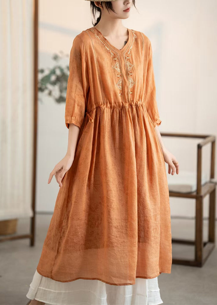 Women Summer Embroidered Orange Linen Patchwork Dresses