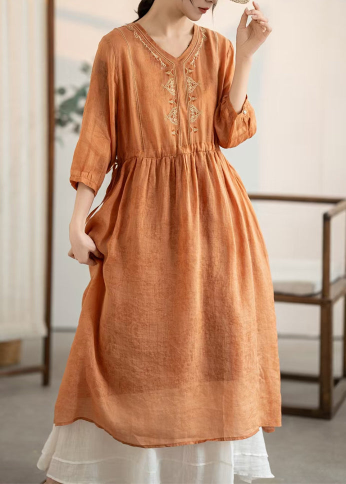 Women Summer Embroidered Orange Linen Patchwork Dresses