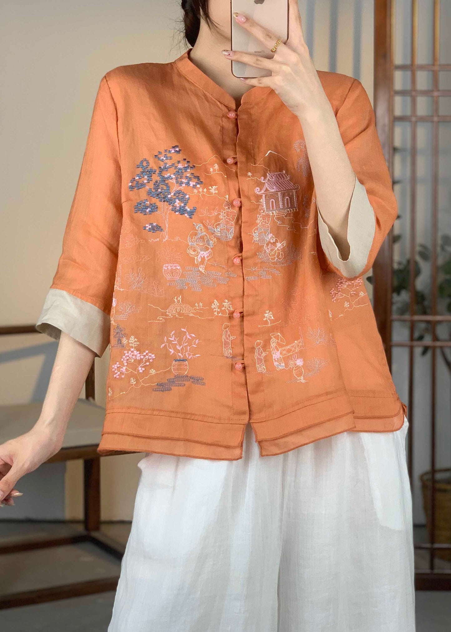 Women Orange Embroidered Patchwork Linen Shirt Bracelet Sleeve JH001