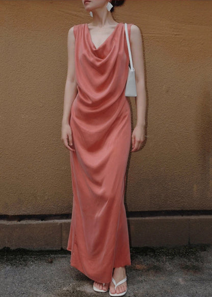 Orange Women Dresses Up Solid Sleeveless Lace Long Silk