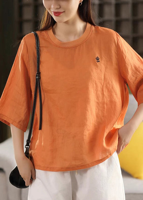 Shirts Women Orange O Solid Neck Linen Half Sleeve T