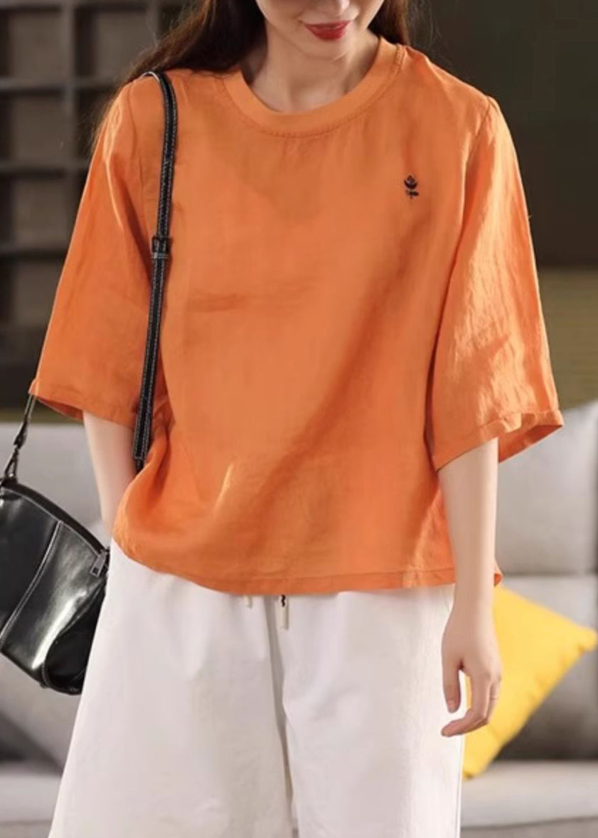 Shirts Women Orange O Solid Neck Linen Half Sleeve T