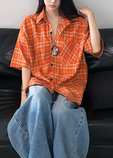 Top Orange Summer Plaid Women Oversized Cotton