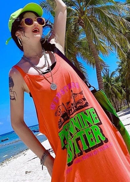 Orange Cotton Oversized Summer Women Print Vacation Sundresses