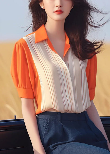 Women Orange Peter Pan Collar Patchwork Chiffon Shirt Summer KJ010