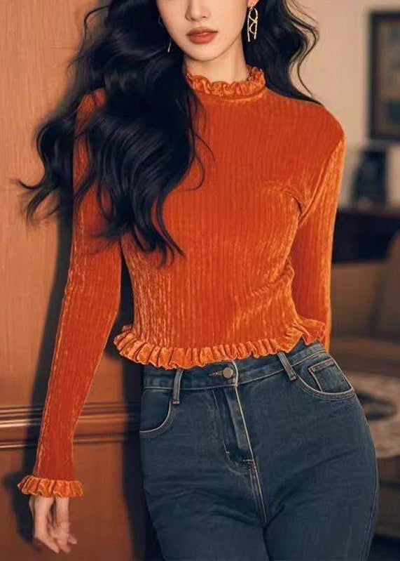 Orange T Velour Spring Ruffled Shirts Solid Silk Women