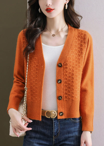 Women Orange V Neck Button Wool Knit Cardigan Winter WL014