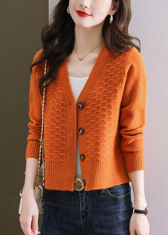 Women Orange V Neck Button Wool Knit Cardigan Winter WL014