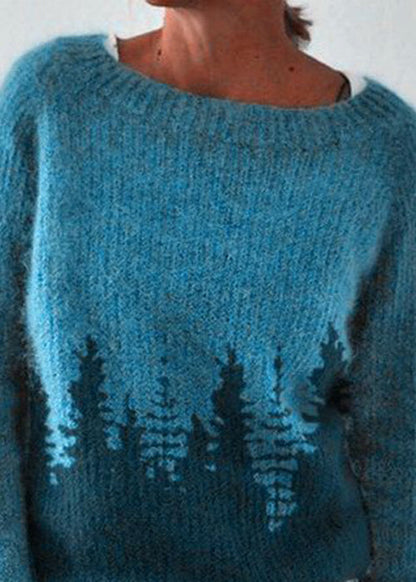 Frauen Pfau Blau O Neck Gemütliche Strick Pullover Herbst QA012