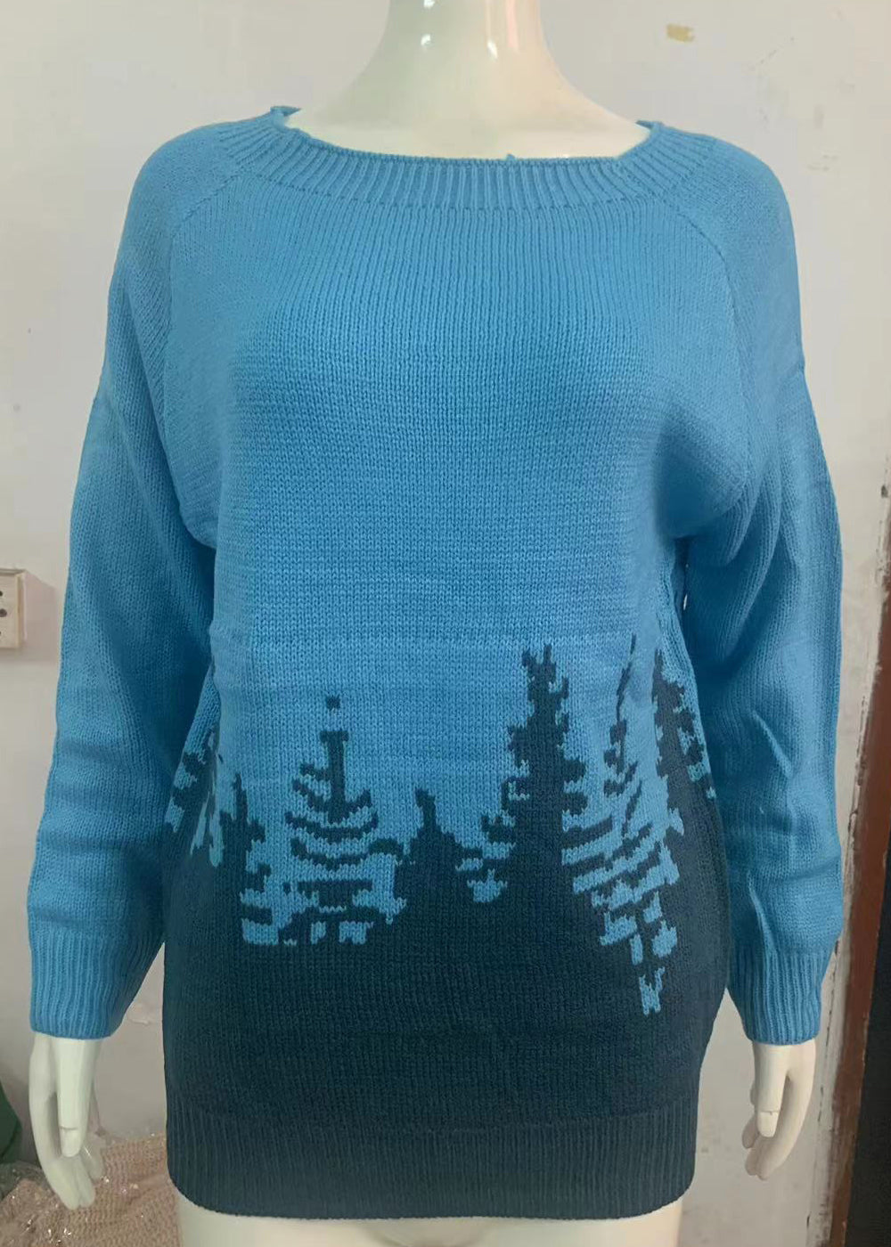 Frauen Pfau Blau O Neck Gemütliche Strick Pullover Herbst QA012