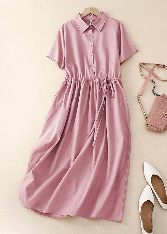 Women Pink Peter Pan Collar Drawstring Cotton Long Dress Summer AM1062