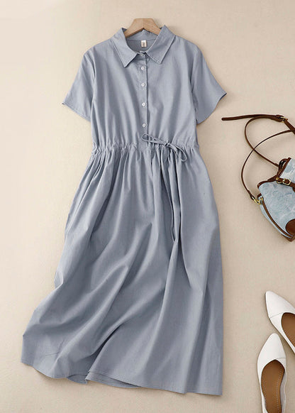 Women Pink Peter Pan Collar Drawstring Cotton Long Dress Summer AM1062