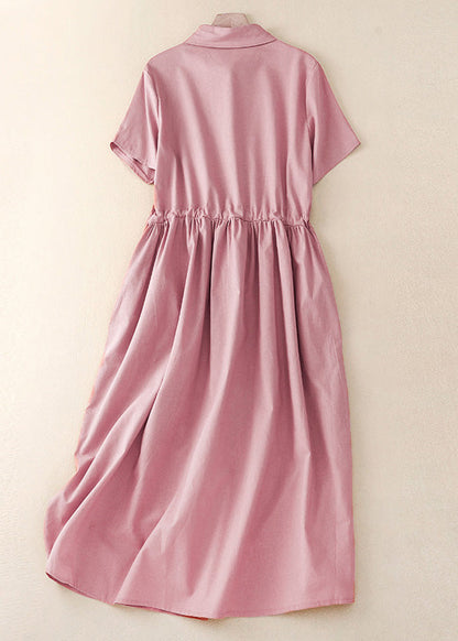 Women Pink Peter Pan Collar Drawstring Cotton Long Dress Summer AM1062