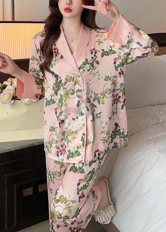 Women Pink Peter Pan Collar Print Ice Silk Pajamas Two Pieces Set Spring YK015