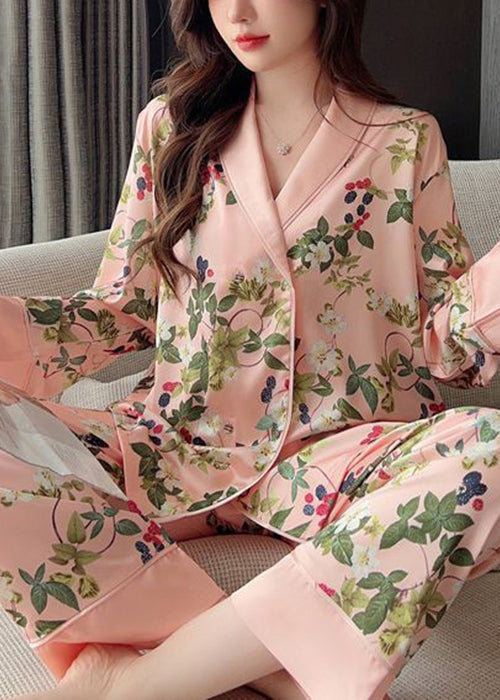 Women Pink Peter Pan Collar Print Ice Silk Pajamas Two Pieces Set Spring YK015