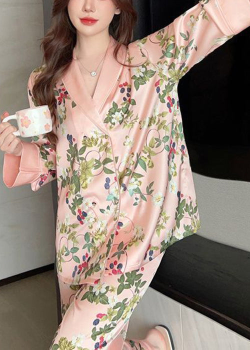 Women Pink Peter Pan Collar Print Ice Silk Pajamas Two Pieces Set Spring YK015