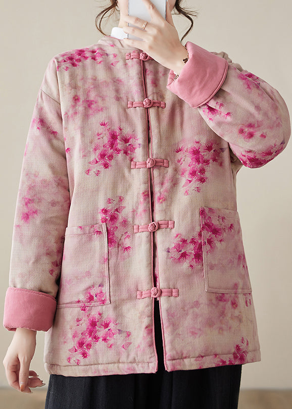 Parkas d'hiver en coton rembourré avec poches à boutons et imprimé rose pour femmes QG024