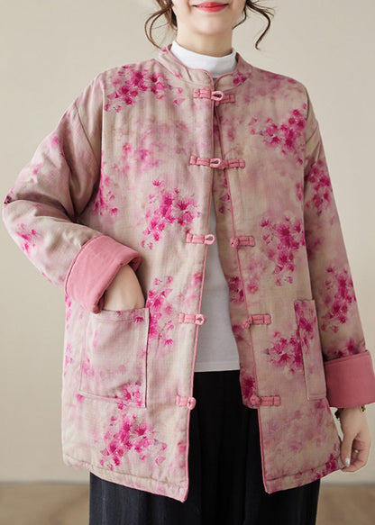 Parkas d'hiver en coton rembourré avec poches à boutons et imprimé rose pour femmes QG024