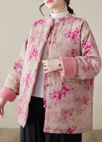 Parkas d'hiver en coton rembourré avec poches à boutons et imprimé rose pour femmes QG024