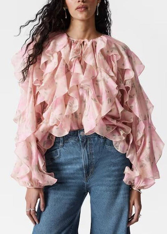 Shirt Women Tops Fall Patchwork Ruffled Chiffon Pink