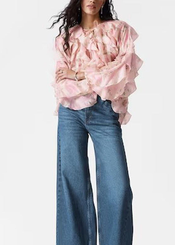Shirt Women Tops Fall Patchwork Ruffled Chiffon Pink