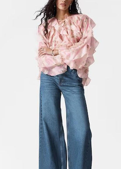 Shirt Women Tops Fall Patchwork Ruffled Chiffon Pink