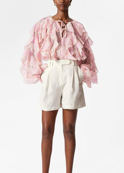 Shirt Women Tops Fall Patchwork Ruffled Chiffon Pink