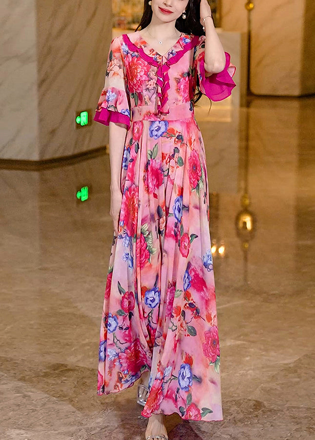 Women Pink Summer Dress Print Chiffon Long Ruffled