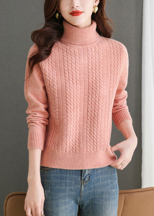 Pull en tricot uni à col roulé rose pour femme Hiver WL010